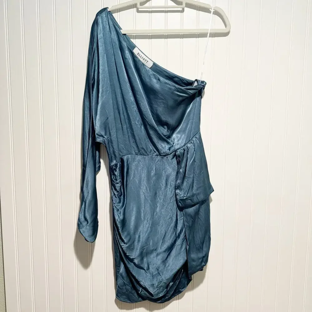 Elliatt Saronic One Shoulder Mini Dress Blue Satin Size XL - Picture 2 of 9